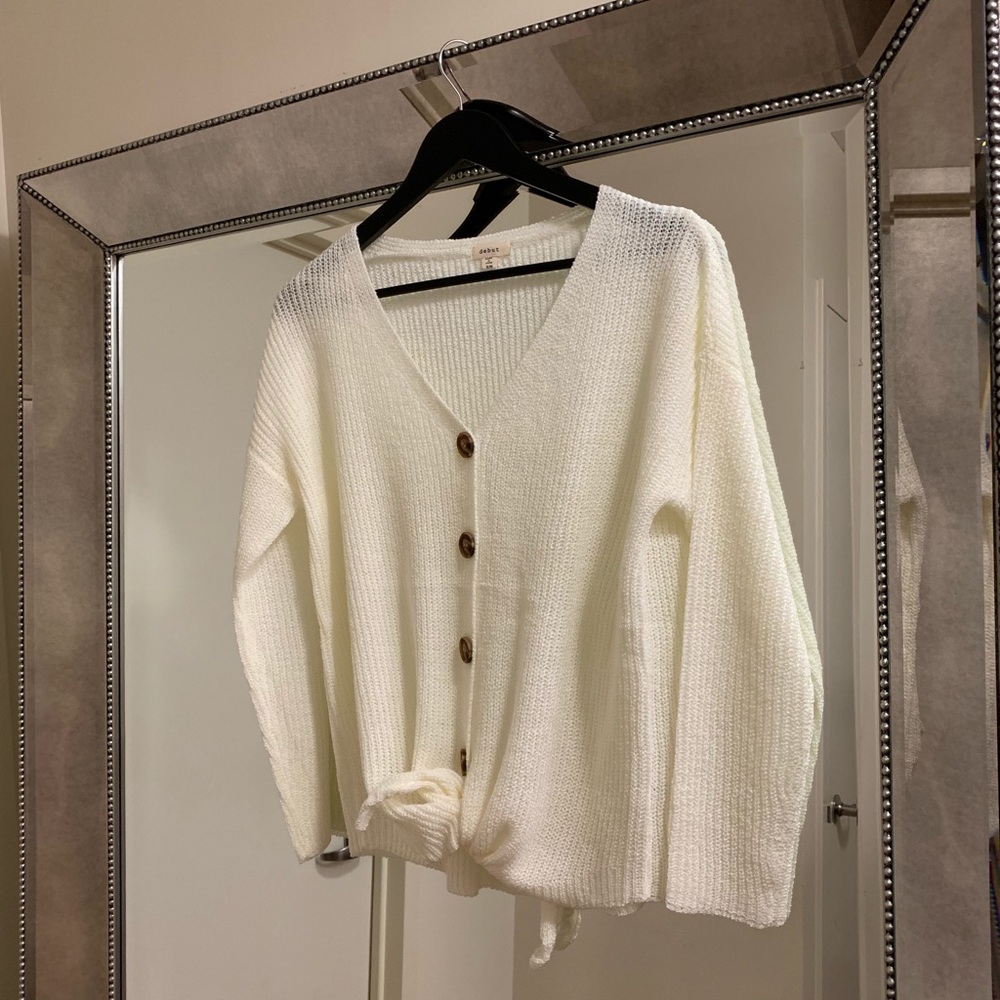 Button Front Tie Sweater - Picture 2 of 6